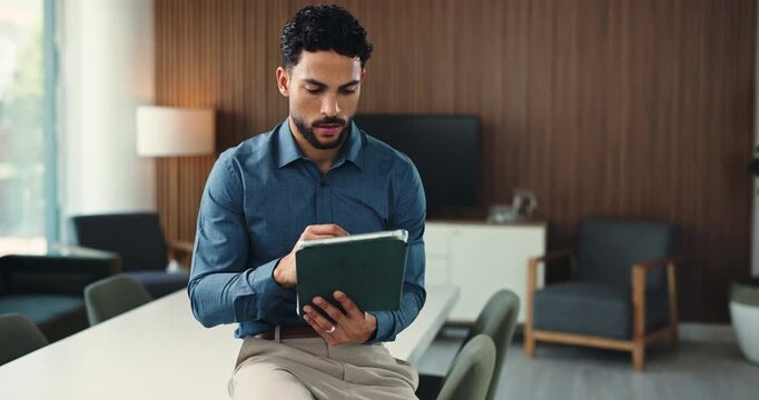 Journalist, typing or man in office with tablet, draft review or research for article update. Digital, smile or person in agency with tech, report development or source fact check for publication.