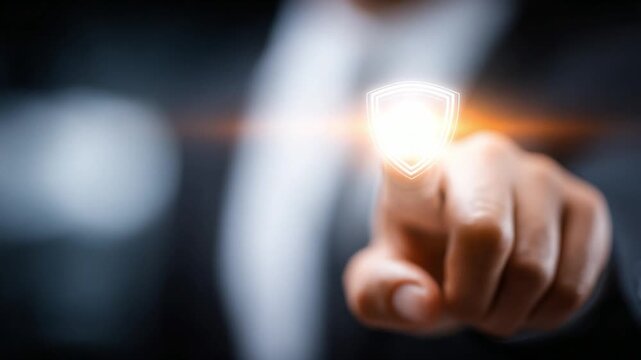 Digital Shield: A determined figure, extending a hand to activate a glowing, protective shield, representing digital security and cybersecurity.