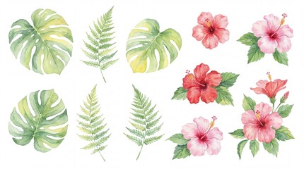Vibrant watercolor collection of lush tropical monstera and fern leaves with exotic red and pink hibiscus flowers, ideal for summer design projects