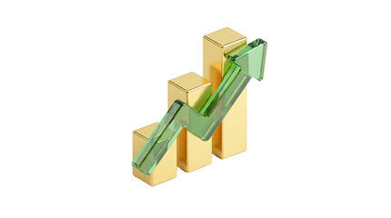 Transparency PNG Golden Bars and Rising Arrow: An evocative visual of business growth, featuring sleek golden bars alongside a vibrant green arrow, symbolizing upward progress and financial success. 