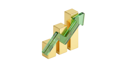 Transparency PNG Golden Bars and Rising Arrow: An evocative visual of business growth, featuring sleek golden bars alongside a vibrant green arrow, symbolizing upward progress and financial success. 