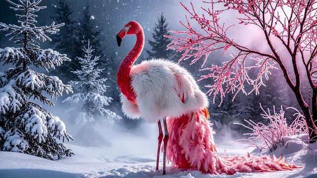 Captivating AI-generated image of a pink flamingo in a white fur coat and elegant feather train, set in a magical snowy forest. Perfect for fantasy, whimsical, and unique winter holiday themes.