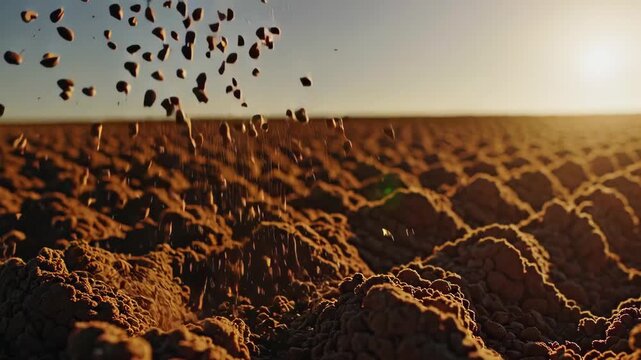 A symbolic scene of a farmer sowing seeds at golden hour, inspired by the Parable of the Sower.