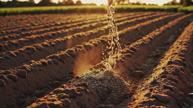 A symbolic scene of a farmer sowing seeds at golden hour, inspired by the Parable of the Sower.
