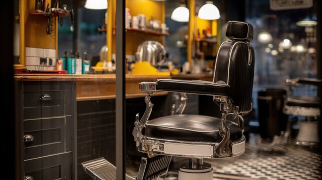 razor. A vintage barbershop chair reflects in a warm and elegant interior with classic grooming ambiance. lifestyle magazines.