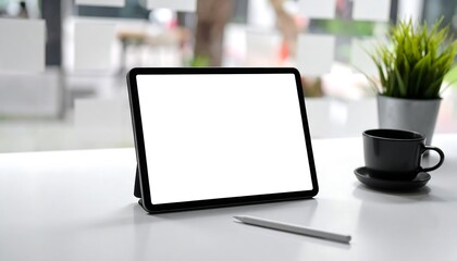Fototapeta premium Tablet with blank screen on desk.