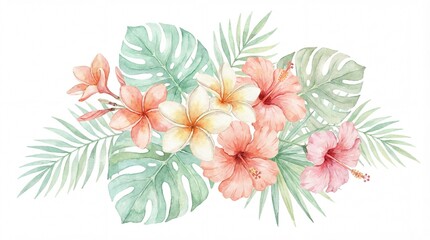 Watercolor tropical floral arrangement featuring vibrant hibiscus and plumeria blossoms nestled amongst lush green palm leaves, perfect for summer designs and invitations
