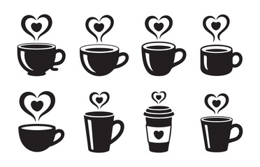 Set of eight modern coffee cup icons with heart shaped steam and heart detail