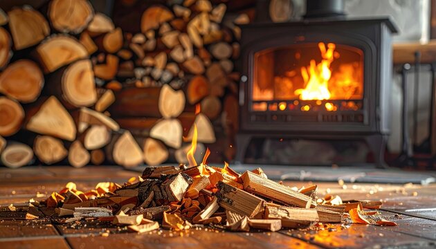 Wood burning in fireplace, winter cozy