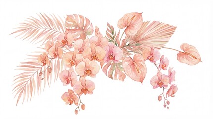 Delicate watercolor illustration featuring a lush arrangement of blush pink orchids, tropical palm fronds, and anthurium flowers, exuding elegant bohemian charm