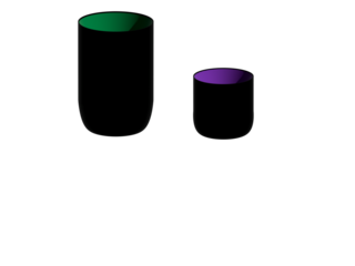 A 3D render of a minimalist light wood cup on a white background" or "Two matte black cylindrical cups with vibrant green and purple interior colors."