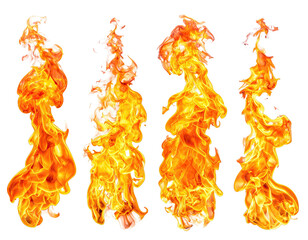Four isolated, stylized, bright, fiery flame illustrations