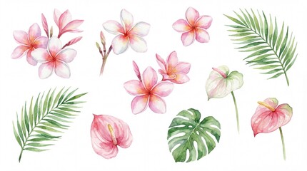 Beautiful hand-painted watercolor collection of exotic tropical flowers and lush green foliage, perfect for summer designs and invitations