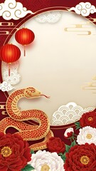 Vertical design featuring a golden snake curling around a circular moon-like frame with red peonies and white clouds.