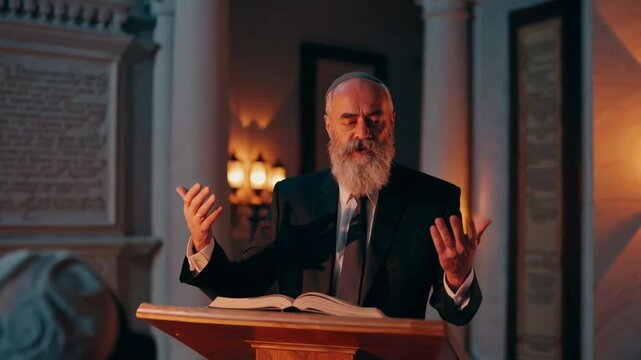 A sermon delivered in a synagogue with attentive listeners, lantern light, and reverent atmosphere.