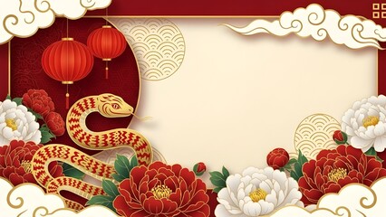 Horizontal banner featuring a golden snake illustration, red peonies, white flowers, and traditional clouds on a cream and red backdrop.