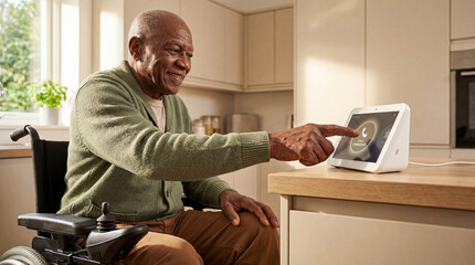 Smiling elderly Black man in wheelchair touching smart home hub screen to call caregiver in kitchen, showing independence and senior technology use.