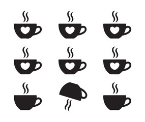 Obraz premium Nine vector icons of black coffee cups showing steam and heart designs for warmth
