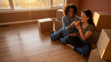 Happy diverse lesbian couple sitting on floor of new home eating pizza surrounded by cardboard boxes during golden hour sunset