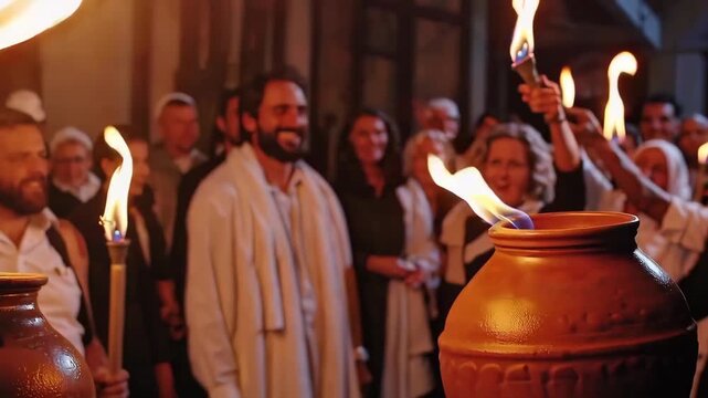 A joyful wedding feast scene depicting water turned into wine, illuminated by warm torchlight and celebration.