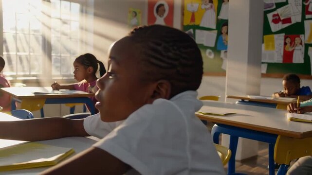 Children learn moral stories in a religious classroom, surrounded by drawings that suggest hope and growth.