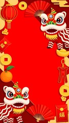 Vertical banner featuring two cute lion dance characters (Barongsai), red lanterns, fans, and gold coins on a bright red background.