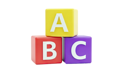 Three ABC alphabet blocks stacked and colored red, yellow, and purple
