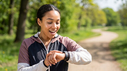 Excited mixed race woman runner checking smartwatch fitness tracker stats on sunny park path and smiling with surprise at achieved personal goals