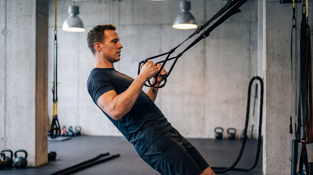 Fit male athlete performing suspension row exercise using black straps in modern gym with concrete walls and industrial lights for strength training