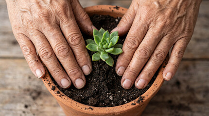 Close-up top-down view of a senior woman's hands gently potting a small green succulent into a terracotta pot with rich soil.