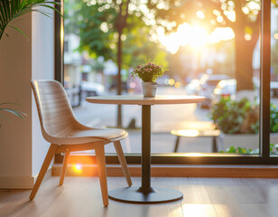 A sun-drenched cafe interior with a modern wooden chair and a small table featuring a potted plant, bathed in warm golden light from a large window overlooking a street.