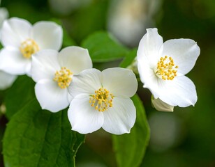 Obraz premium A close-up of white flowers with yellow stamens and green leaves