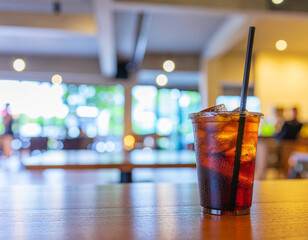 A refreshing iced drink with condensation and a straw sits on a wooden table in a brightly lit, blurred cafe background, evoking a relaxed, casual atmosphere.