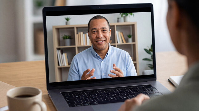 Patient's over-the-shoulder view of a smiling male doctor on a laptop screen during a virtual telehealth consultation at home.
