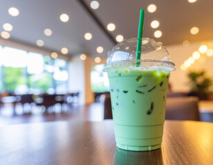 Refreshing iced green tea latte with a green straw in a plastic cup on a wooden table. Cozy cafe background with warm bokeh lights.