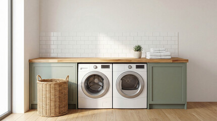 Modern laundry room interior with sage green cabinets, a wood countertop, and a washing machine and dryer set.