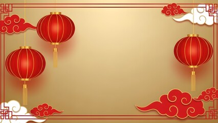 Minimalist horizontal banner featuring two red lanterns hanging over a gold-colored background with red and white cloud accents.
