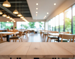Empty wooden table in the foreground with a blurred, bright modern cafe or restaurant interior, featuring natural light, tables, chairs, and pendant lamps.