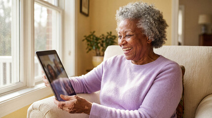Joyful senior Black woman with vitiligo smiling during a video call on a tablet at home in a sunlit living room