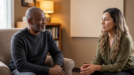 Empathetic senior Black male therapist listening to a young adult Hispanic woman during a mental health counseling session.