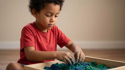 Young mixed-race boy in a red shirt playing with colorful kinetic sand for sensory therapy and autism awareness at home