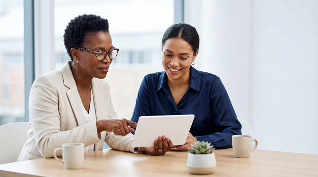 Two diverse professional businesswomen collaborate on a project using a digital tablet in a bright, modern office meeting. - Powered by Adobe