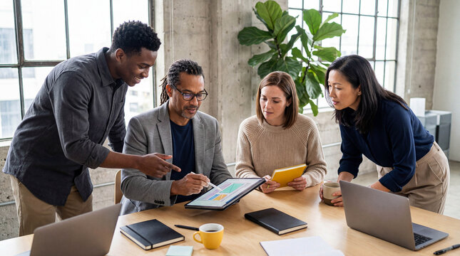 Diverse creative team in a modern office brainstorming UI design on a tablet during a collaborative business meeting. - Powered by Adobe
