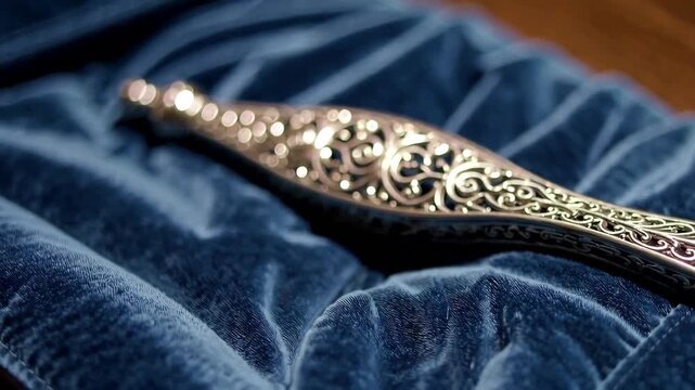 Close-up of a Torah pointer resting on velvet, highlighting craftsmanship and Jewish tradition.