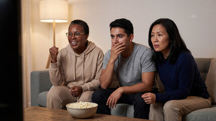 Diverse group of excited friends watching a sports game on TV at home, cheering and reacting with suspense.