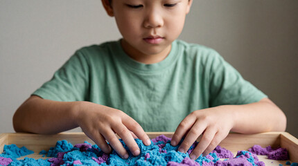 Young Asian boy with a focused expression playing with colorful kinetic sand in a wooden sensory tray for therapy and development.