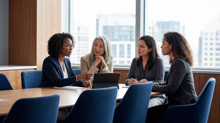 Diverse group of female business leaders in a modern boardroom meeting discussing strategy with a tablet by a large window.