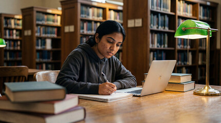 Focused South Asian university student writing notes with laptop and books while studying diligently in a classic library.