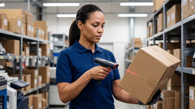 Focused logistics worker scanning a cardboard package with a barcode reader in a modern, well-lit distribution warehouse. - Powered by Adobe