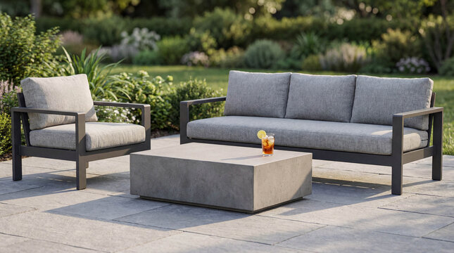 Modern grey patio furniture set with sofa and armchair on a stone terrace in a tranquil, lush green backyard garden. - Powered by Adobe